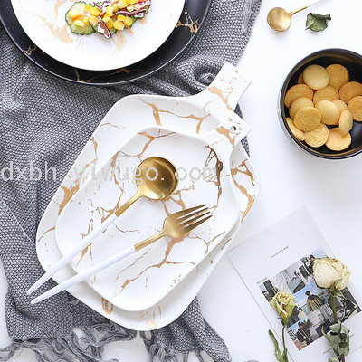 Marbling Matte Gold Ceramic Tableware Tray Plate and Bowl Dish Set Rice Bowl Dish Noodle Bowl Simple Plate and Bowl
