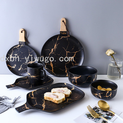 Marbling Matte Gold Ceramic Tableware Tray Plate and Bowl Dish Set Rice Bowl Dish Noodle Bowl Simple Plate and Bowl
