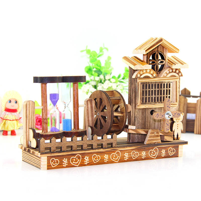 Creative Spring Windmill Hourglass Music Box Decoration Student Wooden Music Waterwheel Music Box Birthday Gift