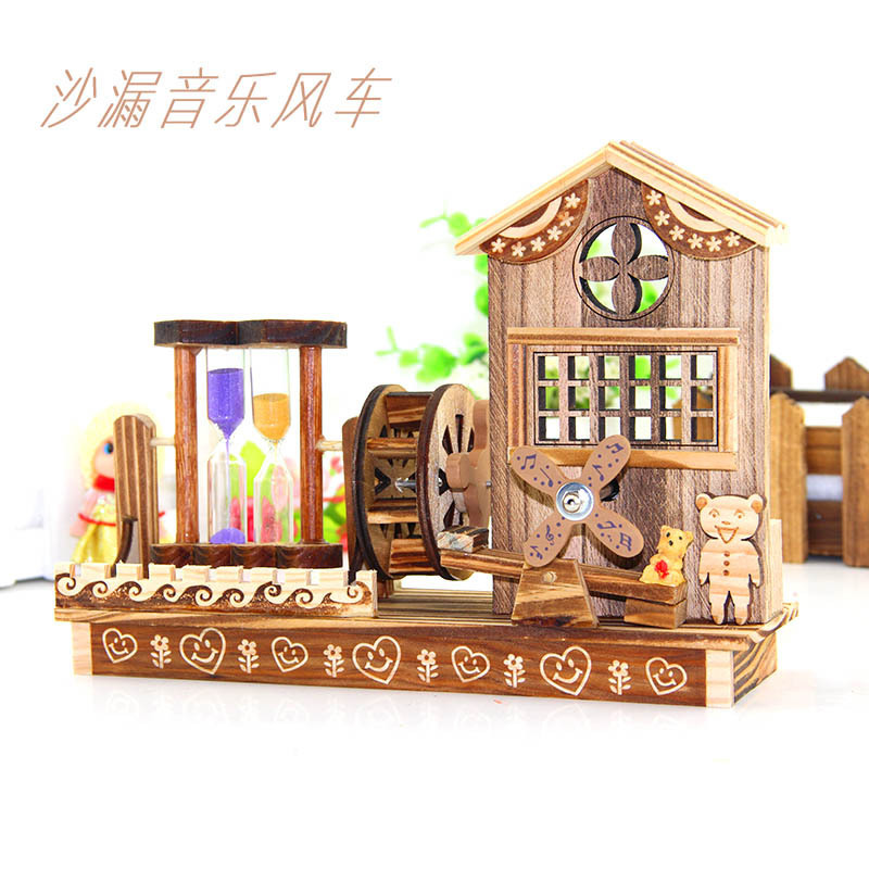 Creative Spring Windmill Hourglass Music Box Decoration Student Wooden Music Waterwheel Music Box Birthday Gift