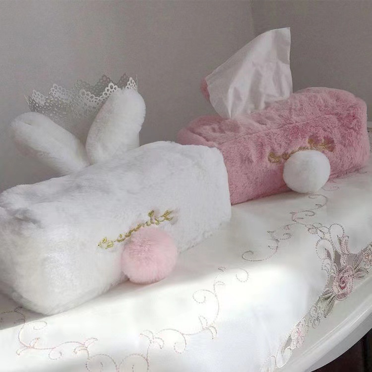 Soft and Adorable Cute Pink Rabbit Plush Tissue Cover Rabbit Ears Home Car Living Room Tissue Box Cartoon Tissue Box
