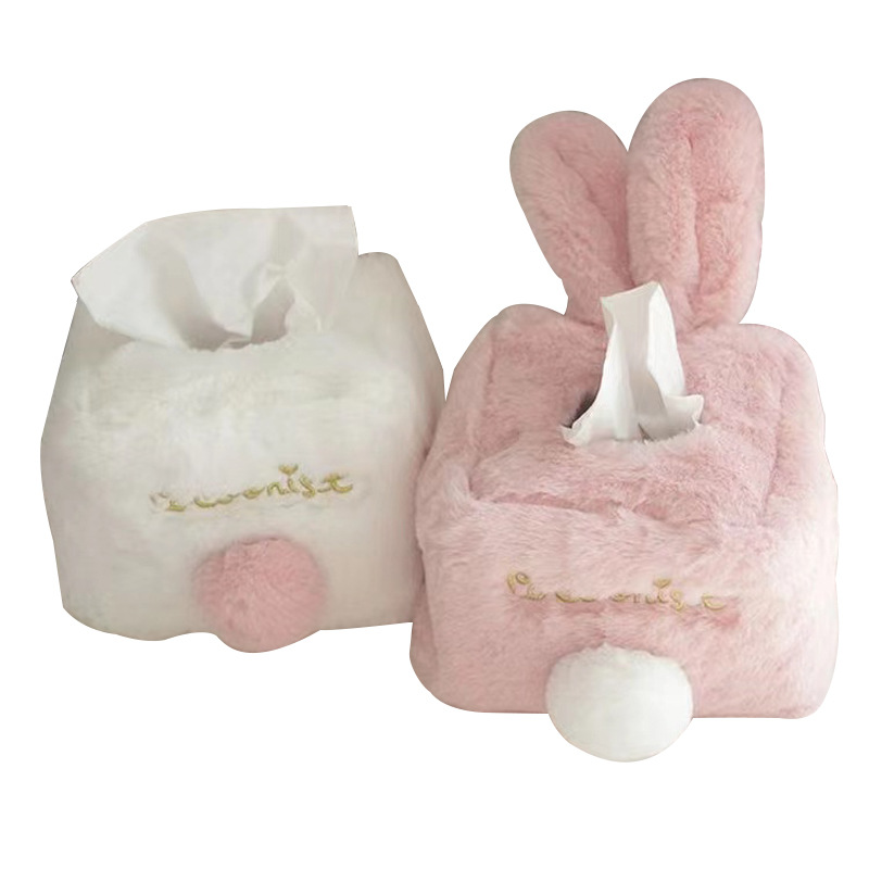 Soft and Adorable Cute Pink Rabbit Plush Tissue Cover Rabbit Ears Home Car Living Room Tissue Box Cartoon Tissue Box