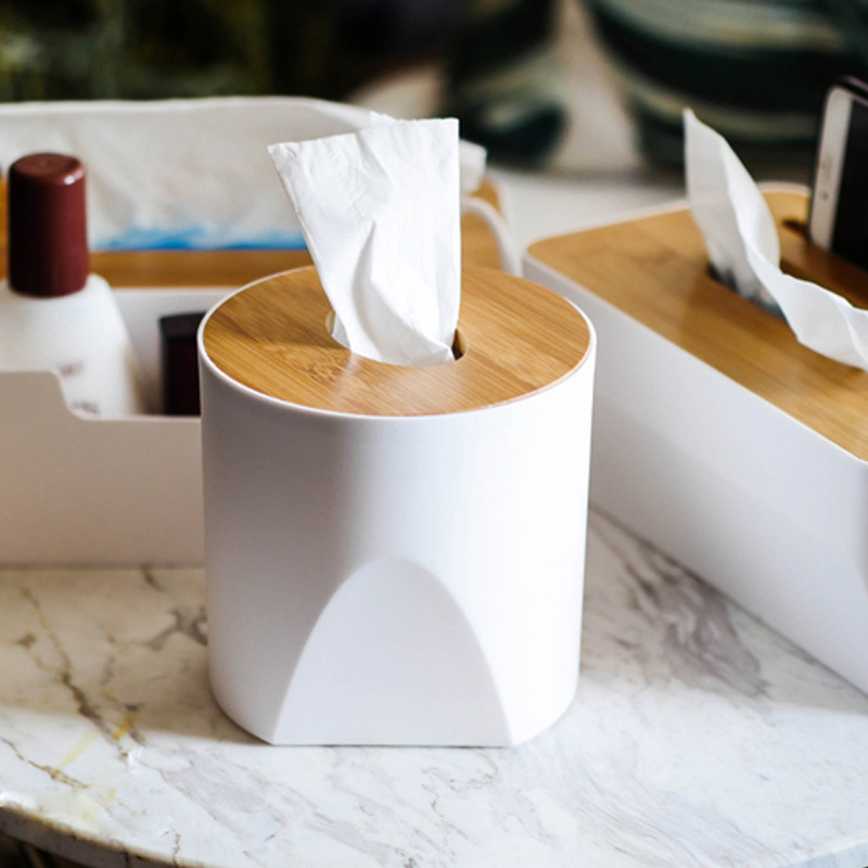 Cross-Border Supply Creative Bamboo Cover round Tissue Box Roll Paper Straight Tissue Box