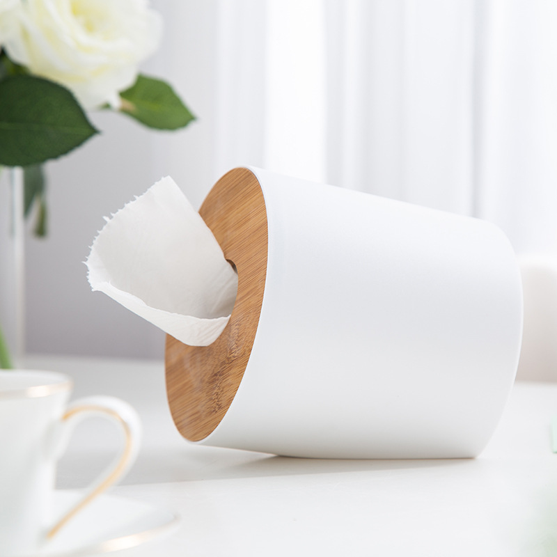 Cross-Border Supply Creative Bamboo Cover round Tissue Box Roll Paper Straight Tissue Box