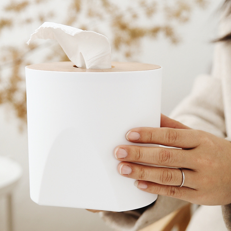 Cross-Border Supply Creative Bamboo Cover round Tissue Box Roll Paper Straight Tissue Box