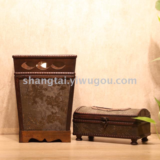 Retro Wood Trash Can Wastebasket Tissue Box Set Flower Device 9213-80 Retro Wood Trash Can Wastebasket Tissue Box Set Flower Device 9213-80