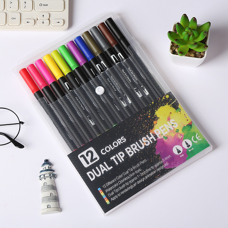 Amazon Hot Black Stick Double-Headed Mark Watercolor Pen Student Color Hook Brush Only for Art Set Batch