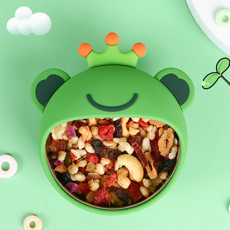 Children&#039;s Liquid Silicone Bowl Set Frog Cartoon Baby Rice Bowl Complementary Food with Straw Training Tableware