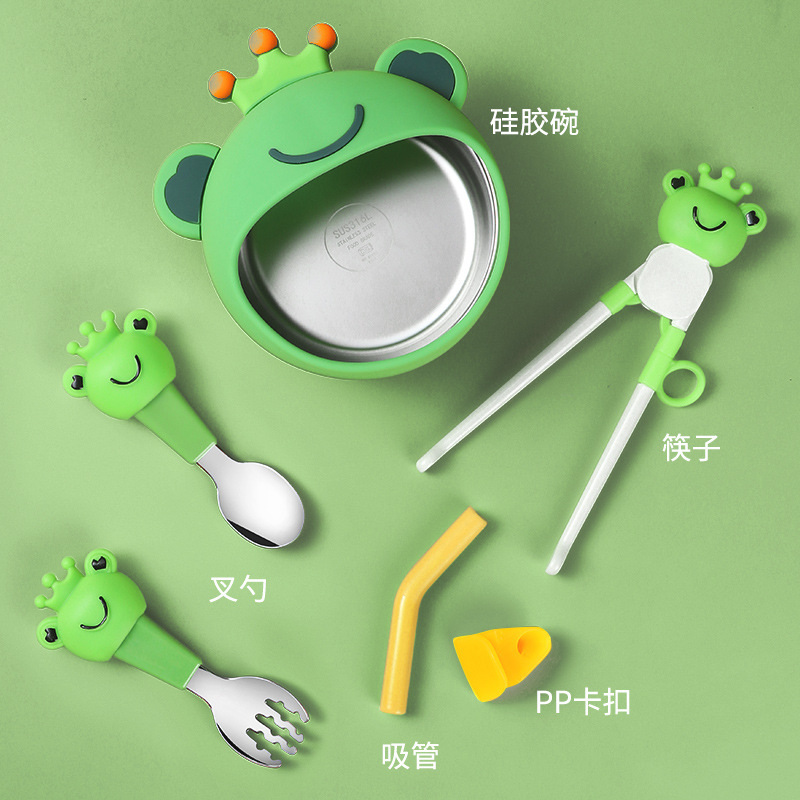 Children&#039;s Liquid Silicone Bowl Set Frog Cartoon Baby Rice Bowl Complementary Food with Straw Training Tableware