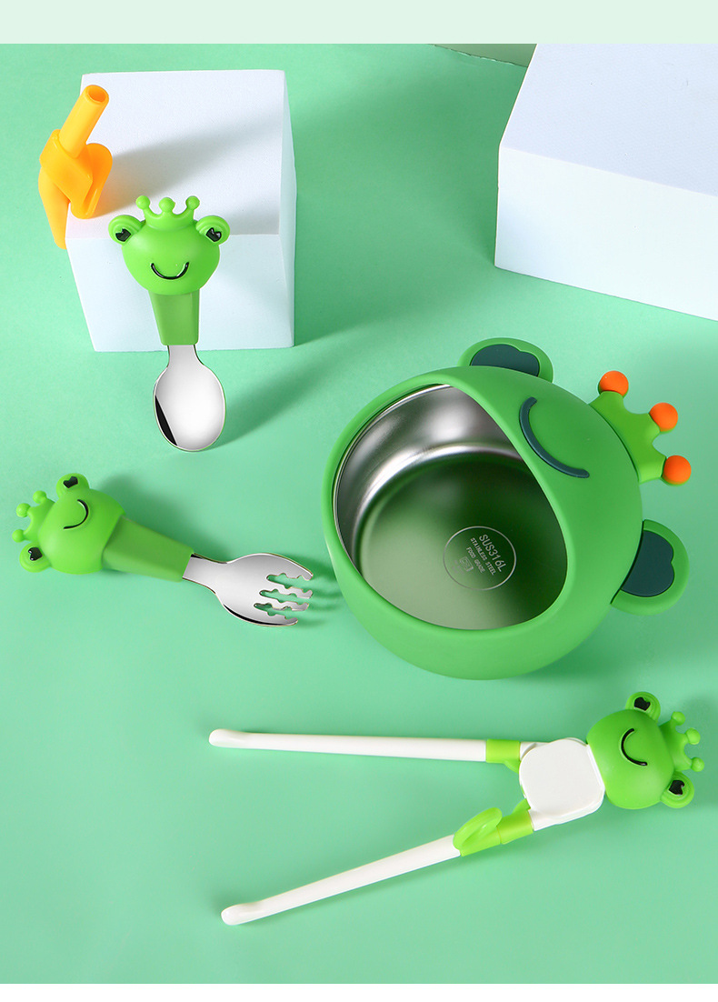 Children's Liquid Silicone Bowl Set Frog Cartoon Baby Rice Bowl Complementary Food with Straw Training Tableware