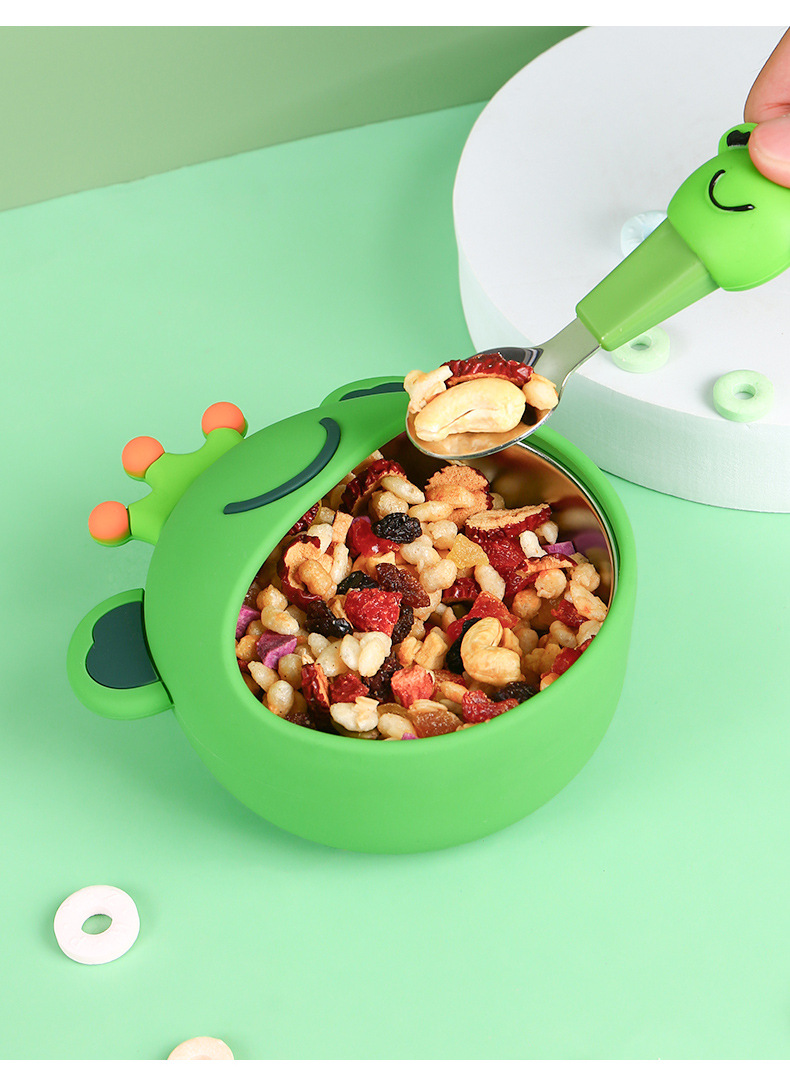 Children's Liquid Silicone Bowl Set Frog Cartoon Baby Rice Bowl Complementary Food with Straw Training Tableware