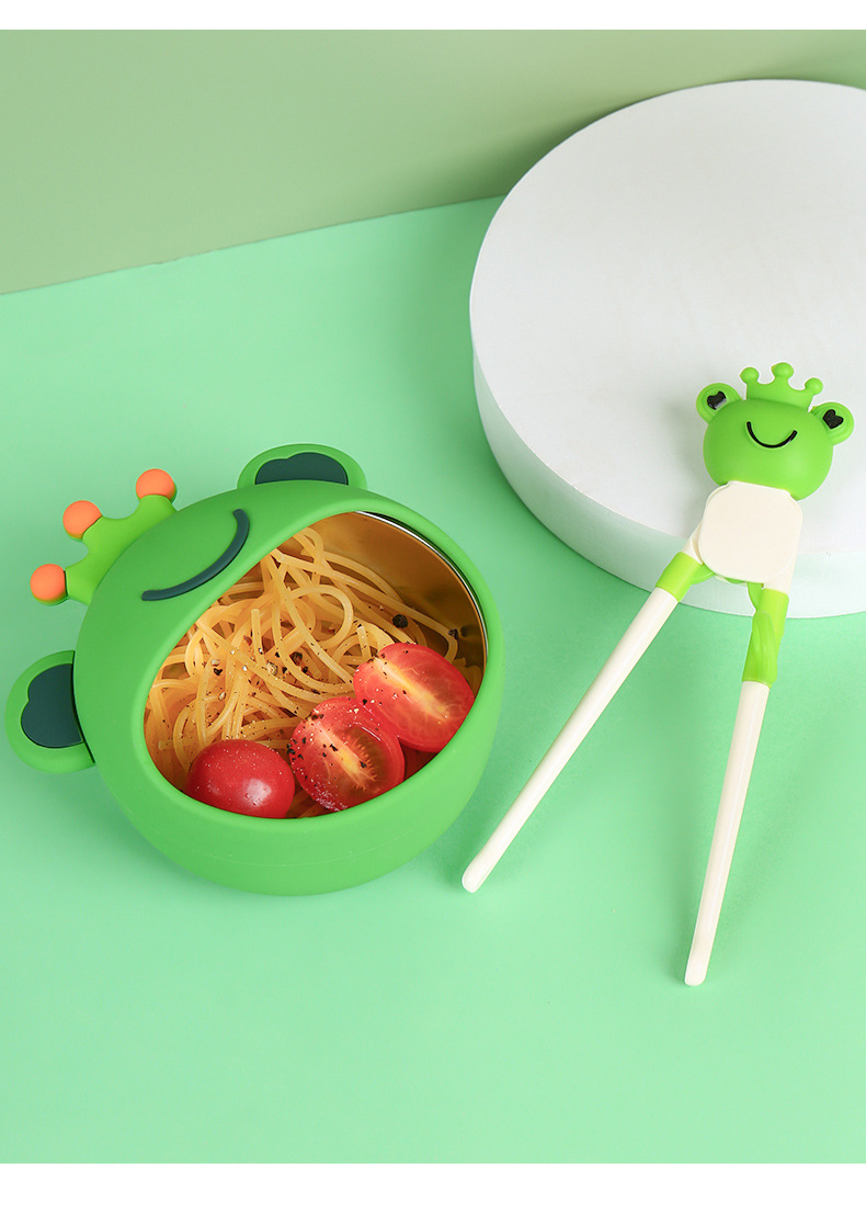 Children's Liquid Silicone Bowl Set Frog Cartoon Baby Rice Bowl Complementary Food with Straw Training Tableware