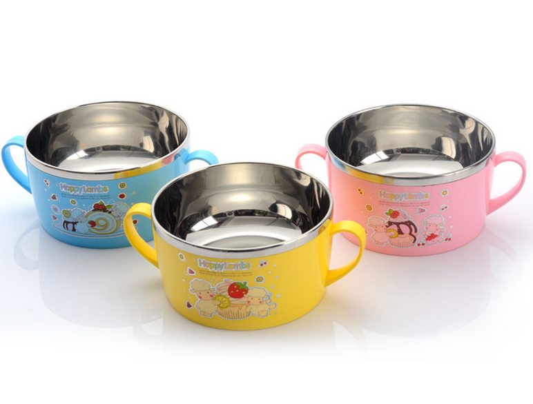 Children&#039;s plastic stainless steel double insulation bowl heat insulation resistance to fall bowl with lid 8809