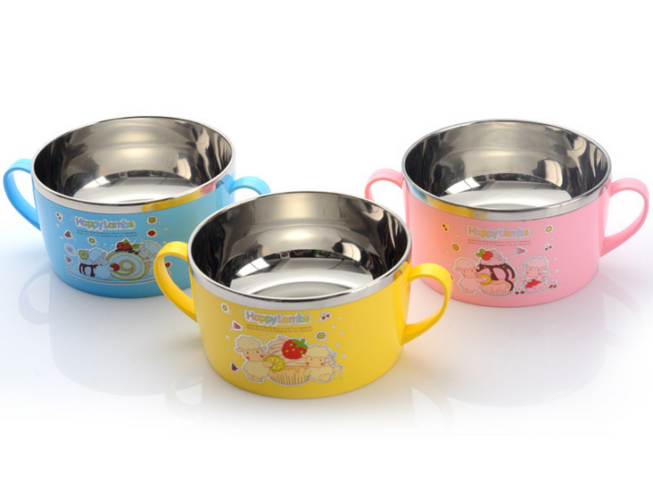 Children&#039;s plastic stainless steel double insulation bowl heat insulation resistance to fall bowl with lid 8809