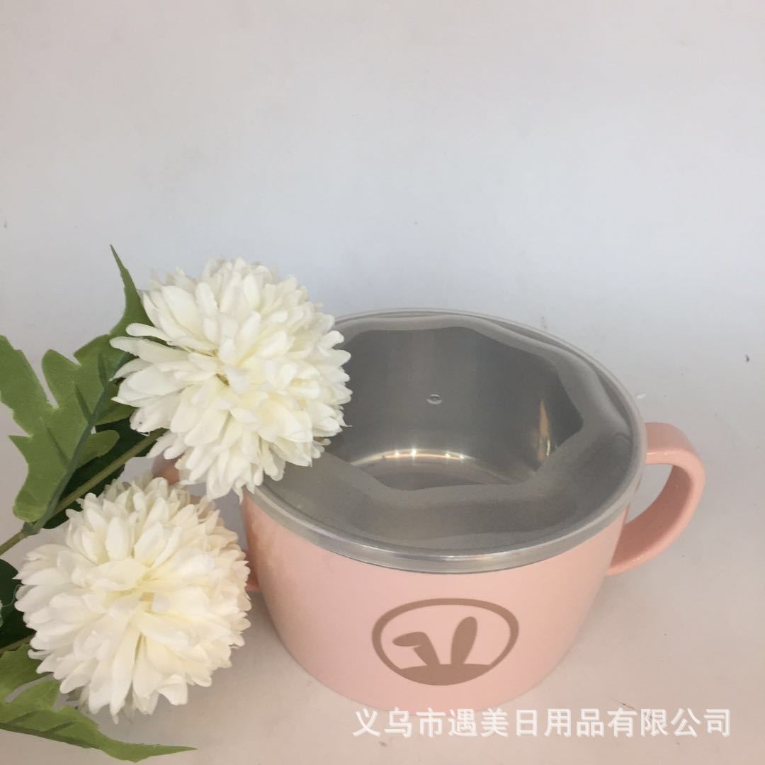 2020 New Stainless Steel Children&#039;s Bowl Cartoon Double Handle Rice Bowl with Lid Baby Food Supplement Tableware Factory Wholesale