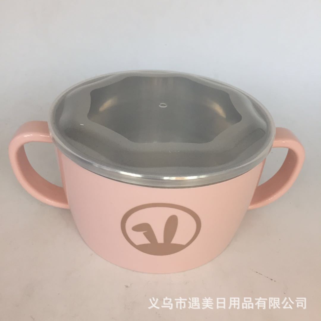 2020 New Stainless Steel Children&#039;s Bowl Cartoon Double Handle Rice Bowl with Lid Baby Food Supplement Tableware Factory Wholesale