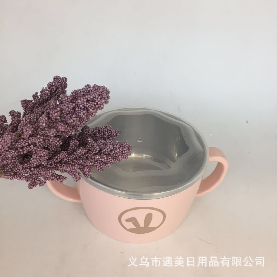 2020 New Stainless Steel Children&#039;s Bowl Cartoon Double Handle Rice Bowl with Lid Baby Food Supplement Tableware Factory Wholesale