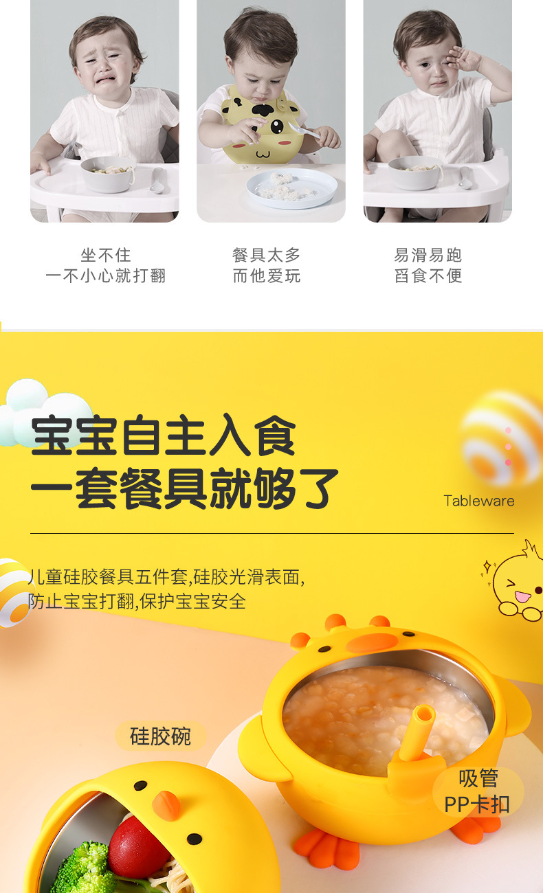 Children's Silicone Bowl Set Yellow Chicken Cartoon Baby Stainless Steel Eating Bowl Training Fork Spoon Complementary Food Training Tableware Children's Silicone Bowl Set Yellow Chicken Cartoon Baby Stainless Steel Eating Bowl Training Fork Spoon Complementary Food Training Tableware