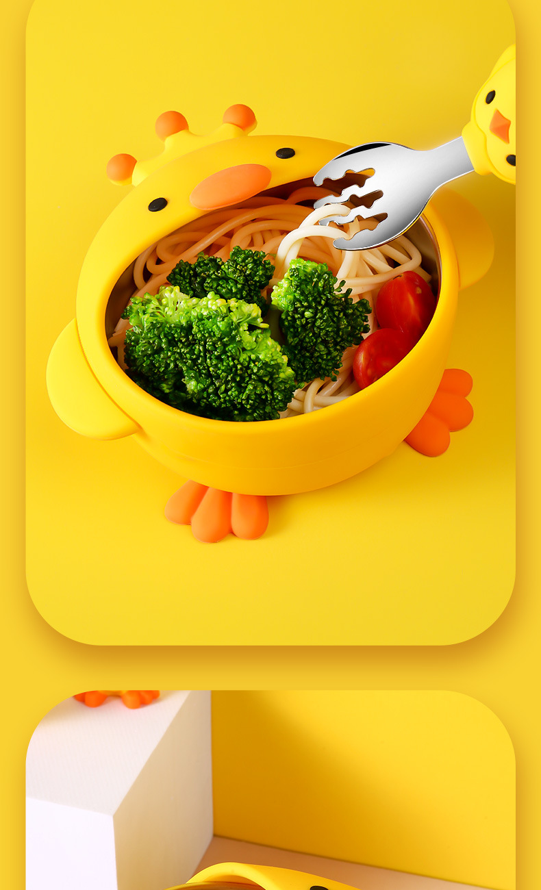 Children's Silicone Bowl Set Yellow Chicken Cartoon Baby Stainless Steel Eating Bowl Training Fork Spoon Complementary Food Training Tableware Children's Silicone Bowl Set Yellow Chicken Cartoon Baby Stainless Steel Eating Bowl Training Fork Spoon Complementary Food Training Tableware
