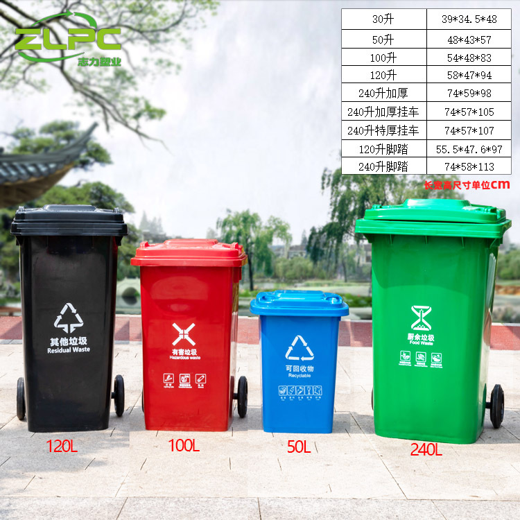 Outdoor Trash Bin 240L Large Dustbin with Lid Classification Plastic Foot Sanitation Trailer Trash Can Wholesale 120L