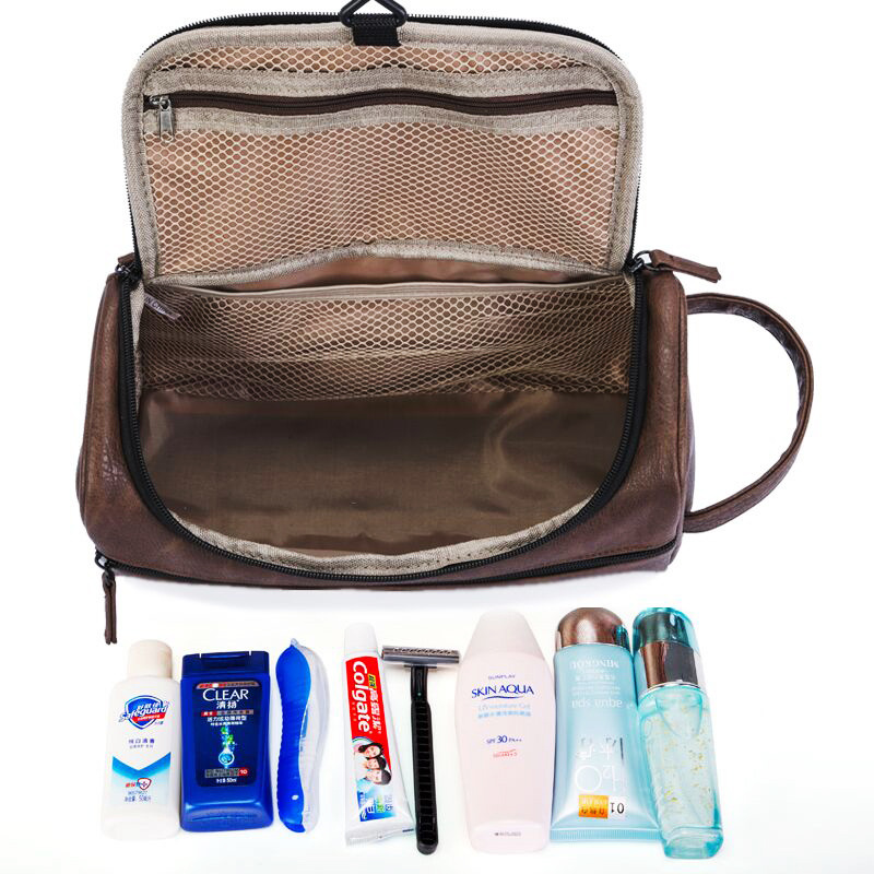 toiletry Bag (Korean version) Handheld cosmetic bag hook bath bag multifunction storage bag waterproof PU leather
