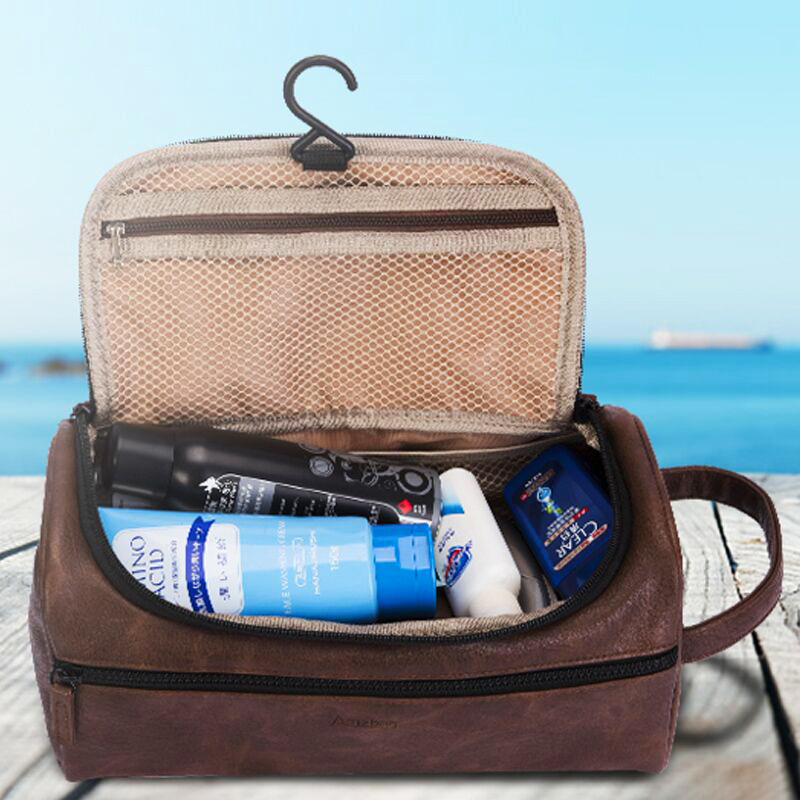 toiletry Bag (Korean version) Handheld cosmetic bag hook bath bag multifunction storage bag waterproof PU leather