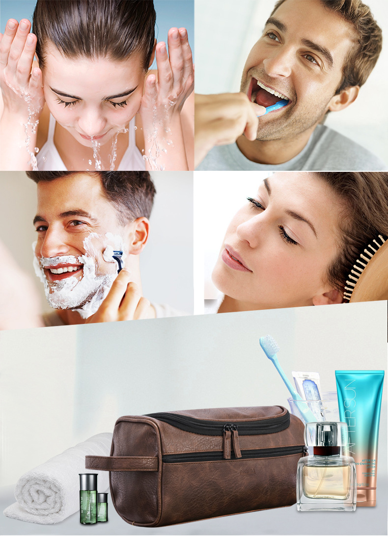toiletry Bag (Korean version) Handheld cosmetic bag hook bath bag multifunction storage bag waterproof PU leather