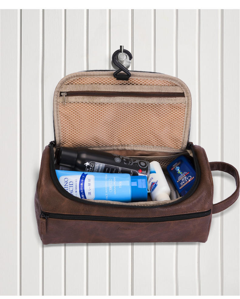 toiletry Bag (Korean version) Handheld cosmetic bag hook bath bag multifunction storage bag waterproof PU leather