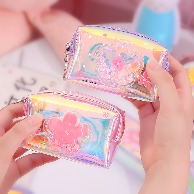 Customized Girl Heart Oil Quicksand Coin Purse Laser Colorful Zipper Coin Purse Storage Bag Transparent Small Wallet