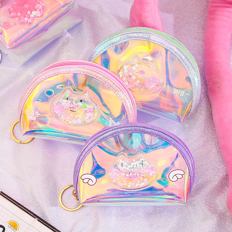 Customized Girl Heart Oil Quicksand Coin Purse Laser Colorful Zipper Coin Purse Storage Bag Transparent Small Wallet