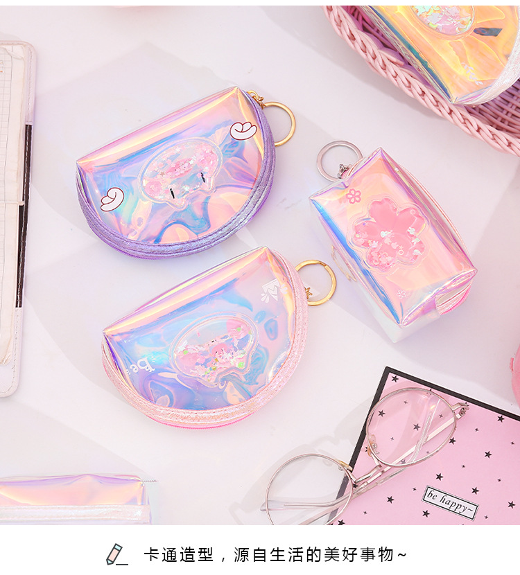 Customized Girl Heart Oil Quicksand Coin Purse Laser Colorful Zipper Coin Purse Storage Bag Transparent Small Wallet