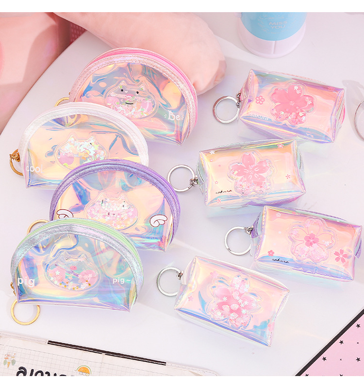 Customized Girl Heart Oil Quicksand Coin Purse Laser Colorful Zipper Coin Purse Storage Bag Transparent Small Wallet