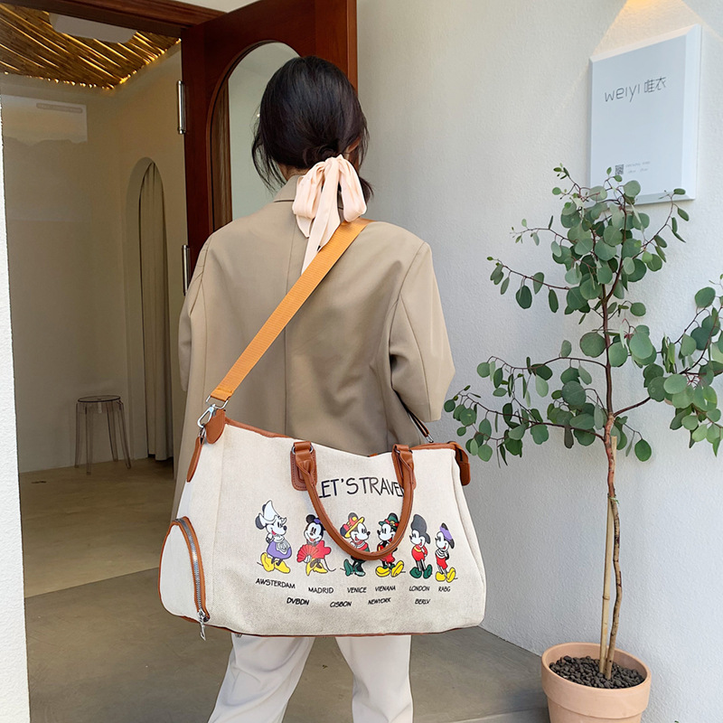 Korean Style Cute Mickey Printed Travel Canvas Bag Large Capacity Portable Shoulder Messenger Bag Travel Clothes Storage Bag