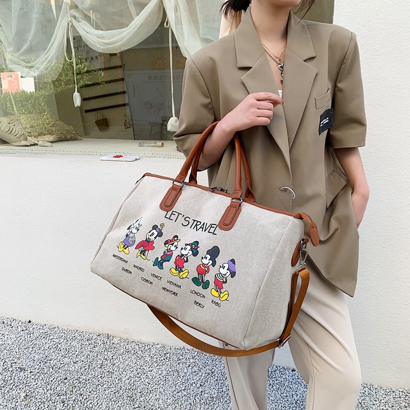 Korean Style Cute Mickey Printed Travel Canvas Bag Large Capacity Portable Shoulder Messenger Bag Travel Clothes Storage Bag