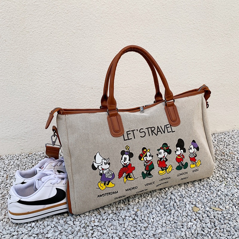Korean Style Cute Mickey Printed Travel Canvas Bag Large Capacity Portable Shoulder Messenger Bag Travel Clothes Storage Bag