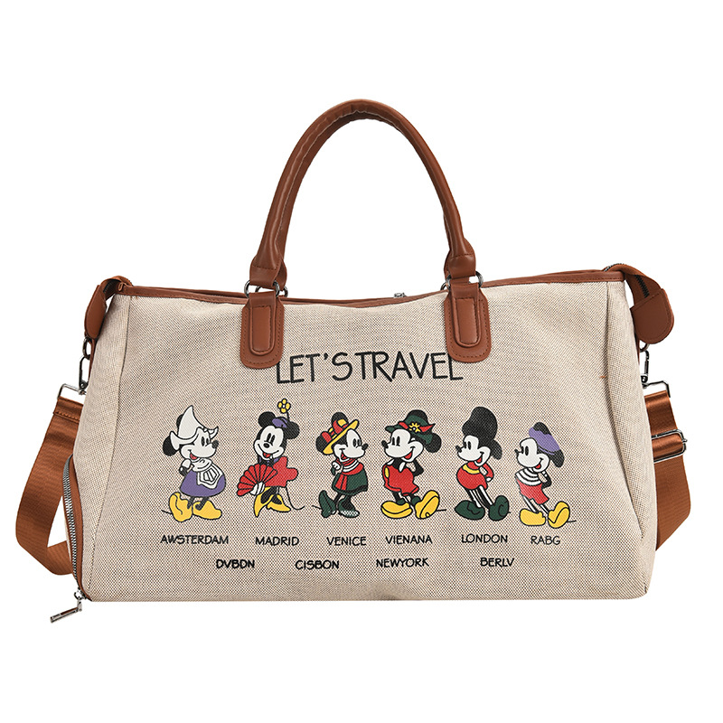 Korean Style Cute Mickey Printed Travel Canvas Bag Large Capacity Portable Shoulder Messenger Bag Travel Clothes Storage Bag