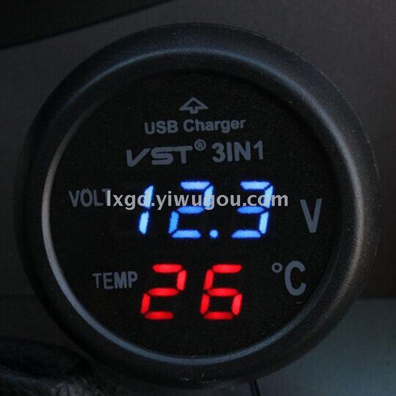VST-706 Car USB Charger with Voltmeter and Thermometer Digital Display Three-in-One