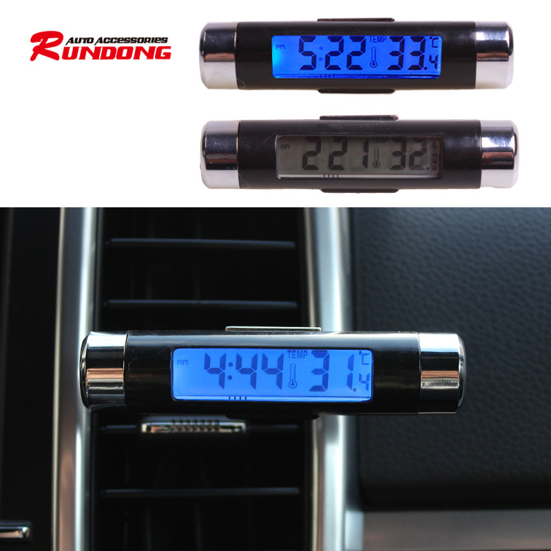 Car Supplies K01 Air Outlet Thermometer Electronic Clock Two-in-One Led Digital Display Thermometer Blue Backlight