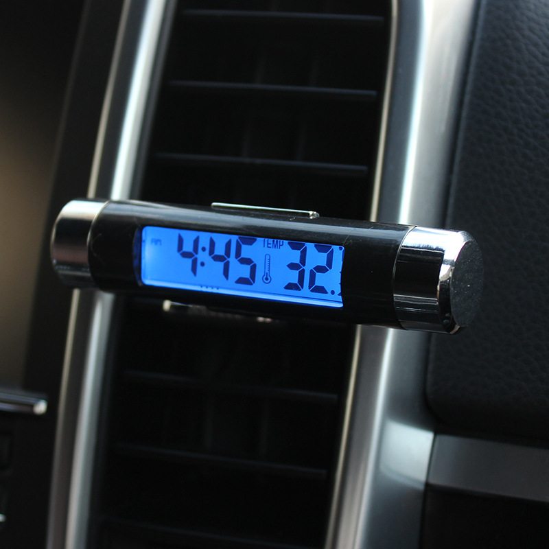 Car Supplies K01 Air Outlet Thermometer Electronic Clock Two-in-One Led Digital Display Thermometer Blue Backlight