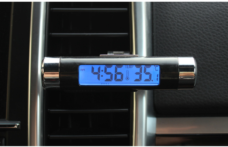 Car Supplies K01 Air Outlet Thermometer Electronic Clock Two-in-One Led Digital Display Thermometer Blue Backlight