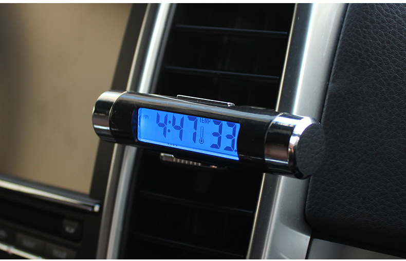 Car Supplies K01 Air Outlet Thermometer Electronic Clock Two-in-One Led Digital Display Thermometer Blue Backlight