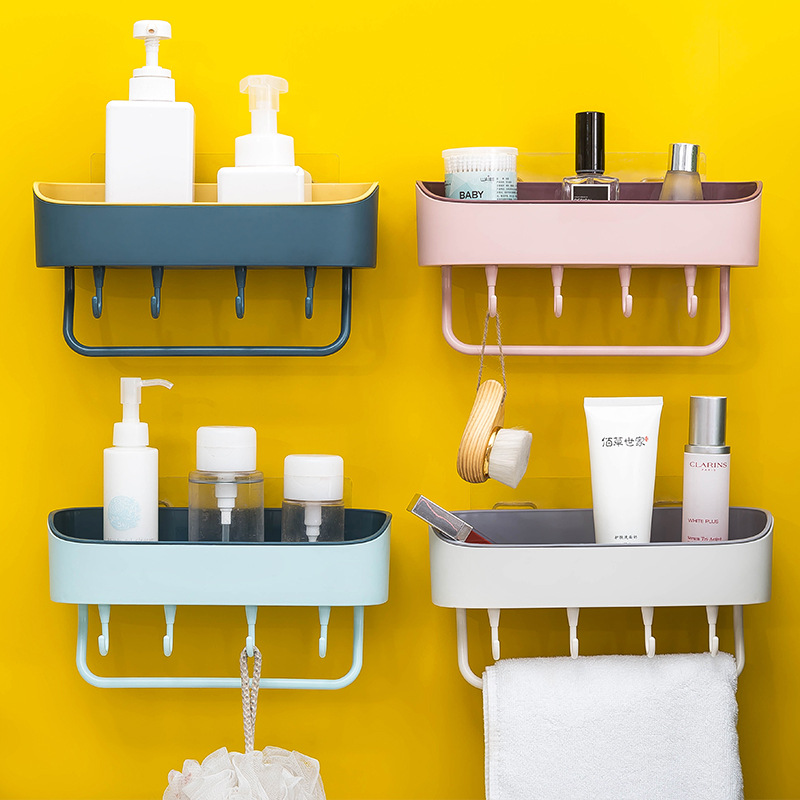 Bathroom Double-Layer Towel Rack Draining Storage Rack Kitchen Two-Color Seamless Removable Storage Rack with Hook
