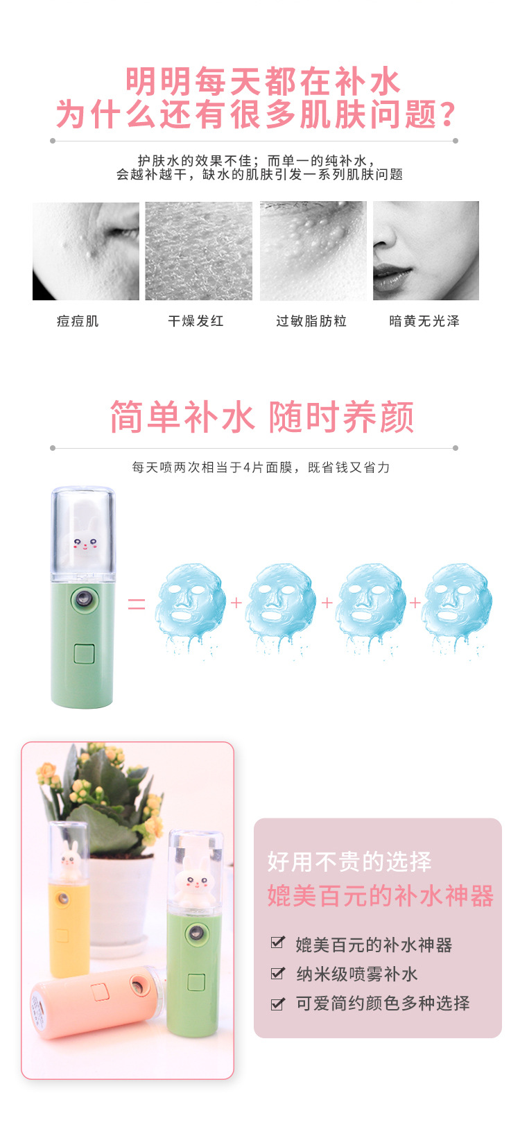 Water Replenishing Instrument USB Rechargeable Face Humidifier Sprayer Handheld Cartoon Facial Beauty Apparatus Face Steaming Sprayer