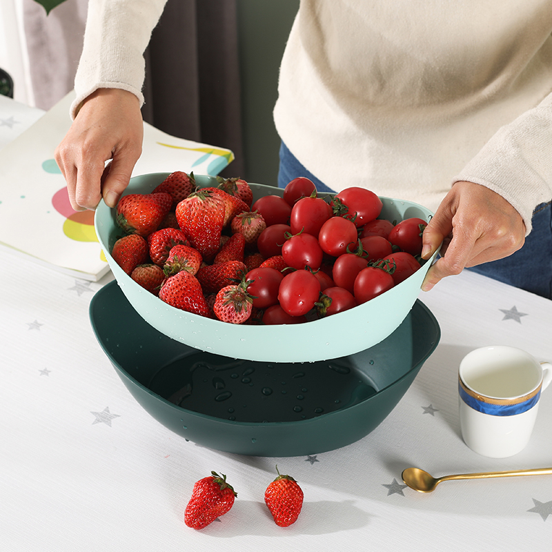Double-Layer Hollow-out Fruit Basin Plastic Vegetable Basket Household Thickened Kitchen Fruit Plate Large Sized Creative Living Room Fruit Basket