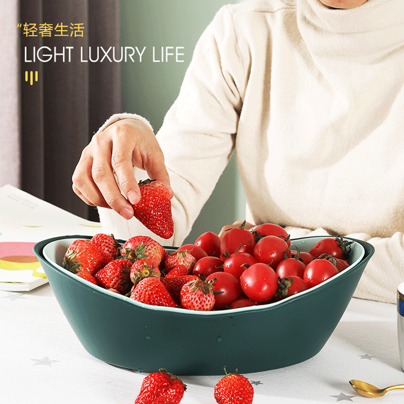 Double-Layer Hollow-out Fruit Basin Plastic Vegetable Basket Household Thickened Kitchen Fruit Plate Large Sized Creative Living Room Fruit Basket