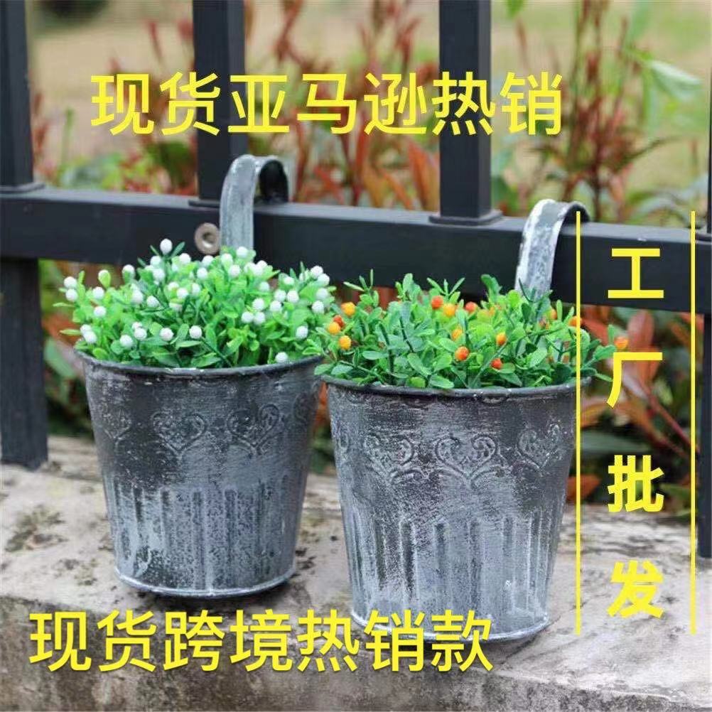 Craft Vintage Distressed Iron Sheet Flower Bucket Flower Device with Hook Decorative Artificial Flower Flower Arranging Bucket Flower Bucket Printing Potted Plant