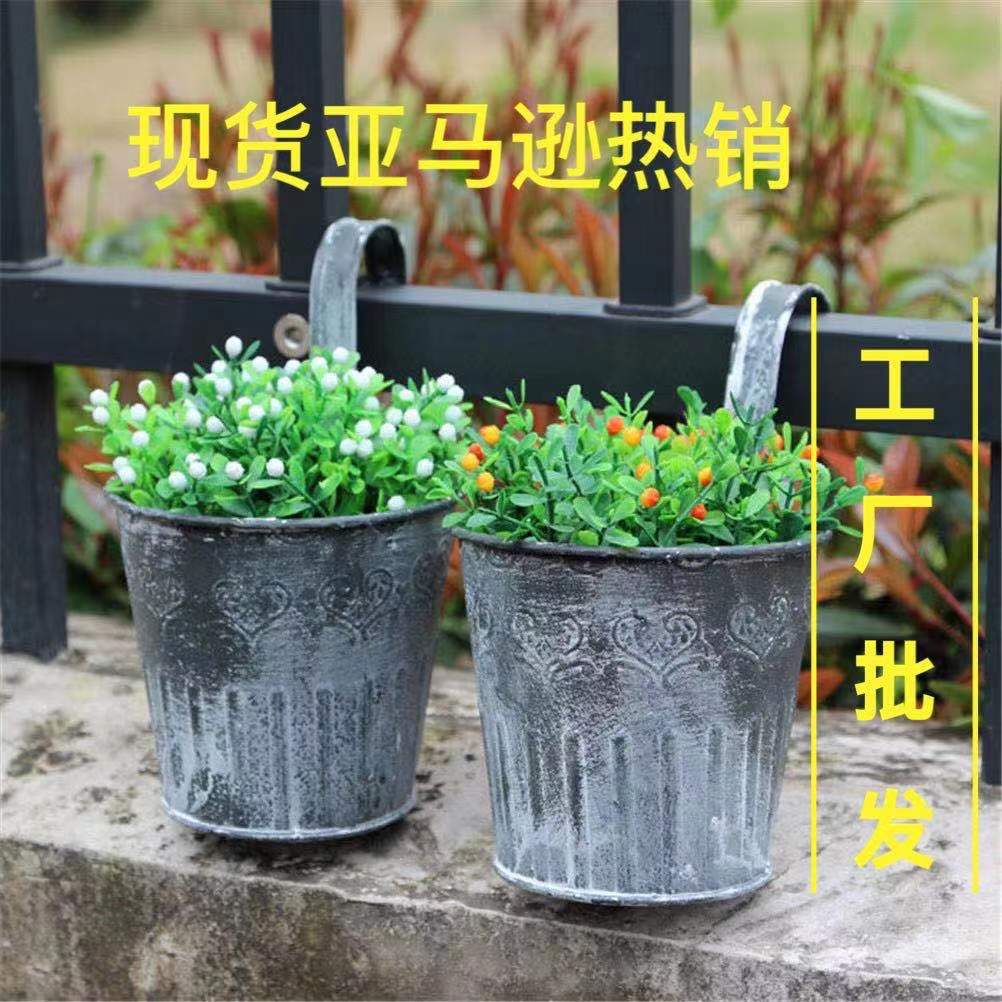 Craft Vintage Distressed Iron Sheet Flower Bucket Flower Device with Hook Decorative Artificial Flower Flower Arranging Bucket Flower Bucket Printing Potted Plant
