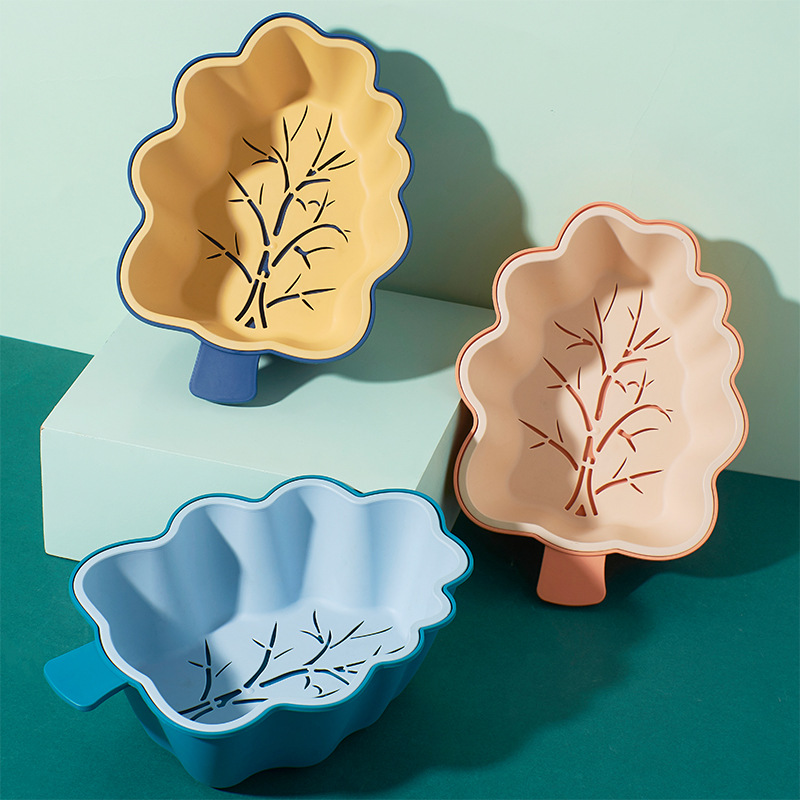 Plastic Household Draining Basin Kitchen Fruit and Vegetable Storage Basket Leaf Shape Two-Color Drain Bowl Basin Fashion Double-Layer Drain Basket