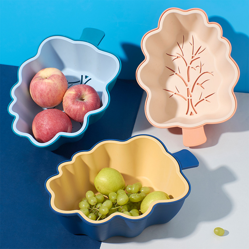 Plastic Household Draining Basin Kitchen Fruit and Vegetable Storage Basket Leaf Shape Two-Color Drain Bowl Basin Fashion Double-Layer Drain Basket