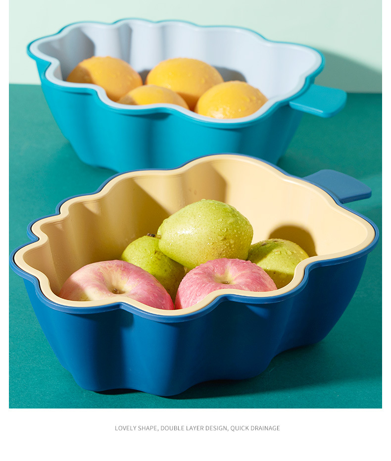 Plastic Household Draining Basin Kitchen Fruit and Vegetable Storage Basket Leaf Shape Two-Color Drain Bowl Basin Fashion Double-Layer Drain Basket